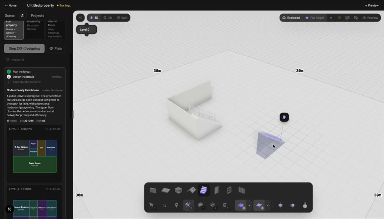 AI mid-design with stair placement, room layout panel showing 14 rooms across two levels