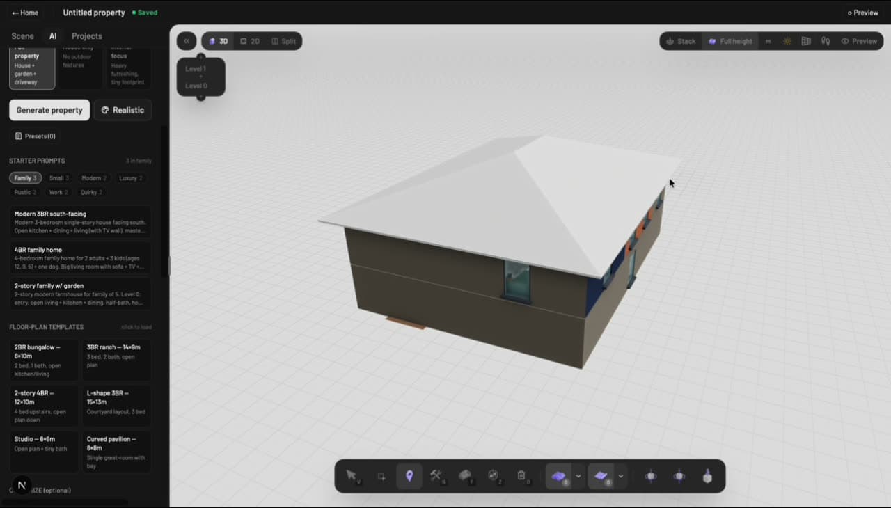 Hip-roofed house exterior with realistic style applied