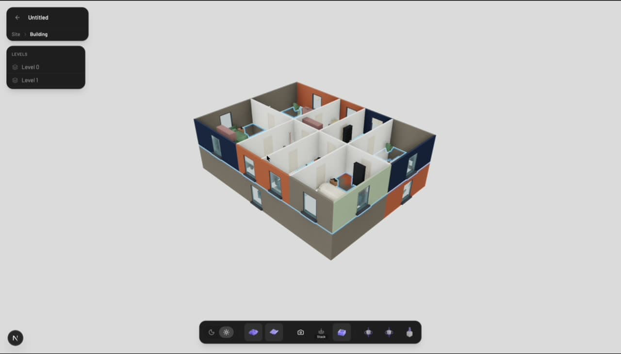 Top-down stack view with two levels of coloured rooms (orange / navy / mint)