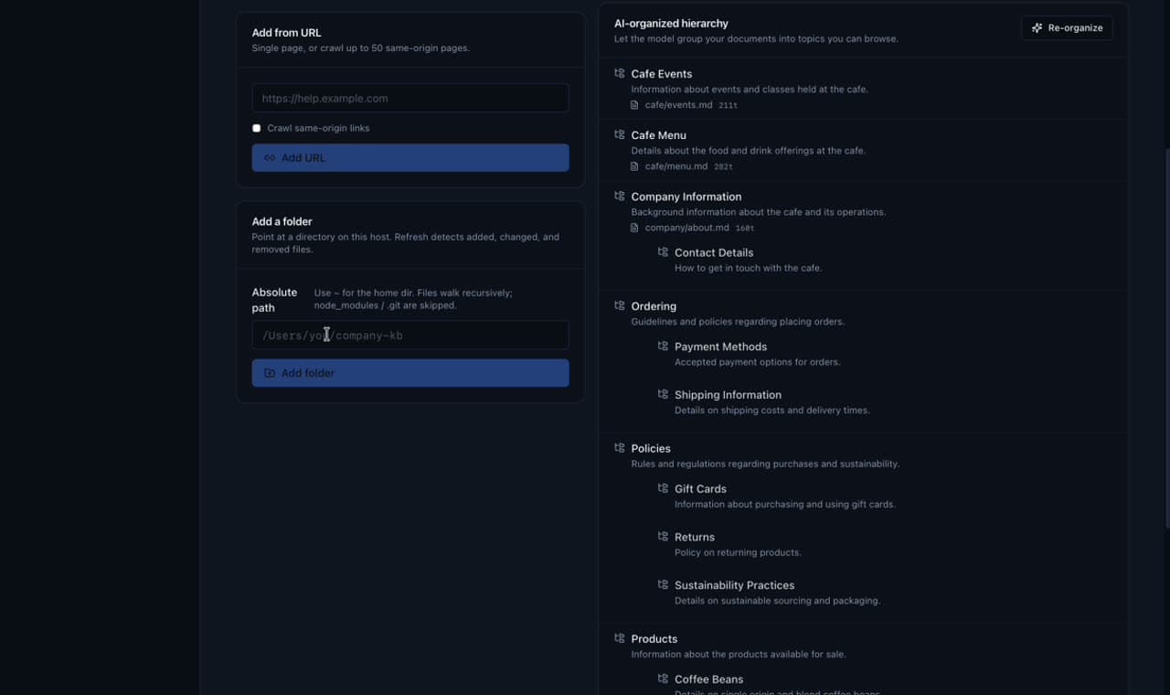 Knowledge source intake · URL crawl + folder picker + AI-organized hierarchy of cafe docs