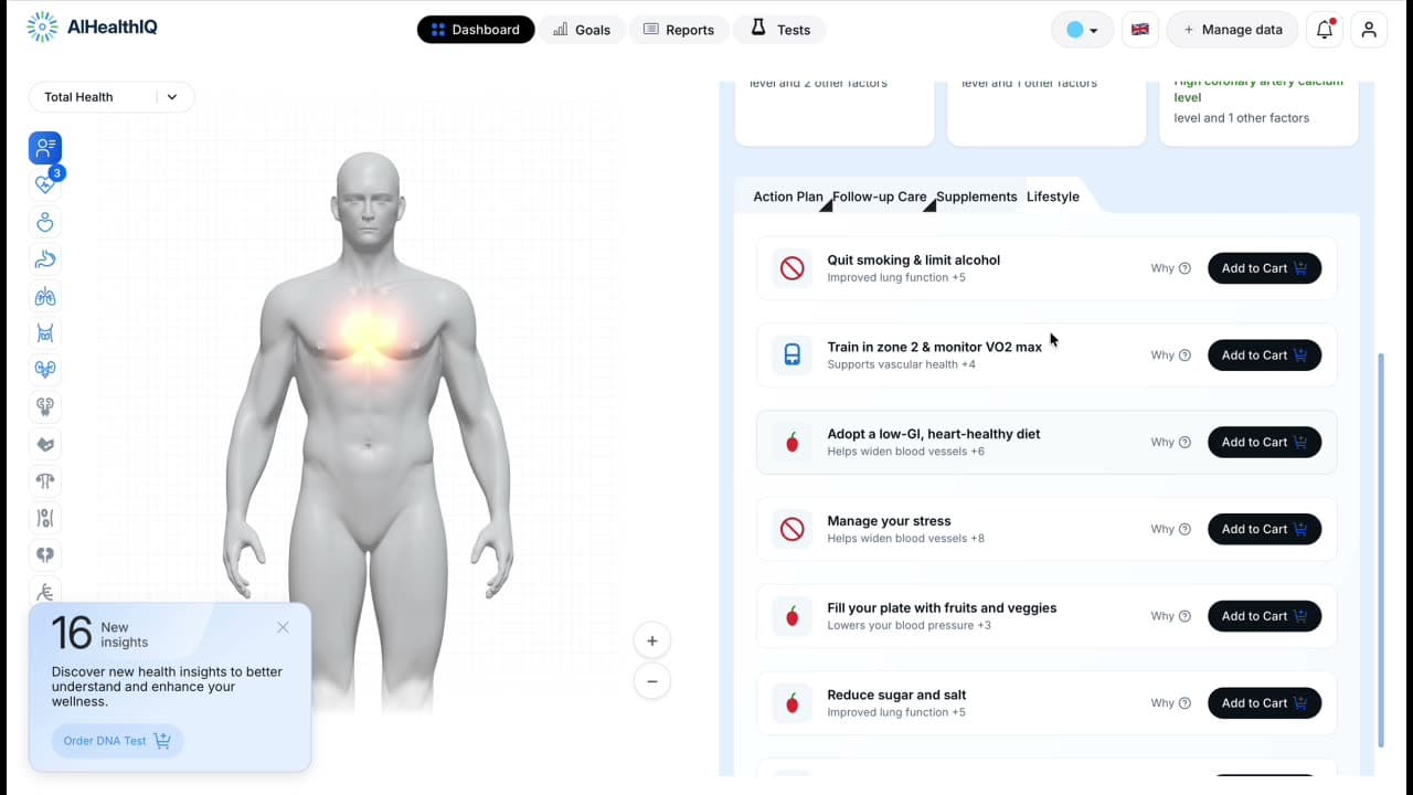 Lifestyle prescriptions list with Add-to-Cart buttons per action