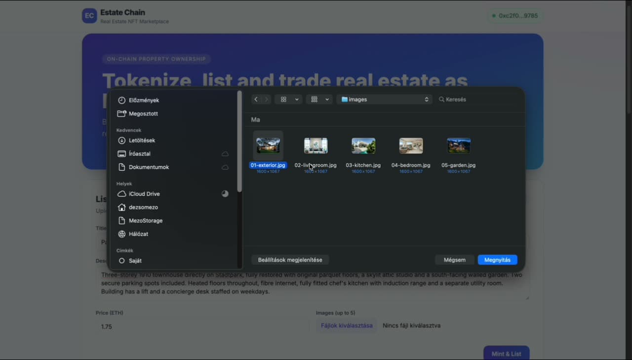 macOS file picker open · 5 property images selected (exterior / livingroom / kitchen / bedroom / garden)