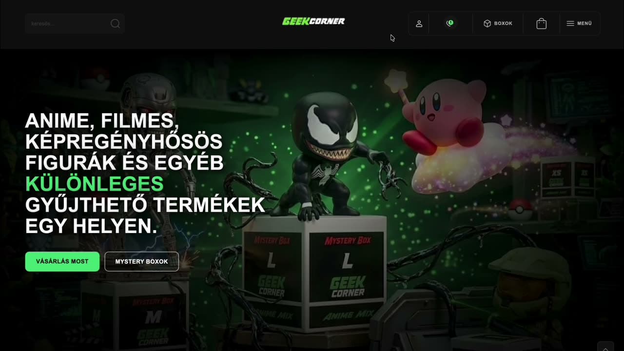 GeekCorner hero with Venom + Kirby figures over a glowing mystery-box composition