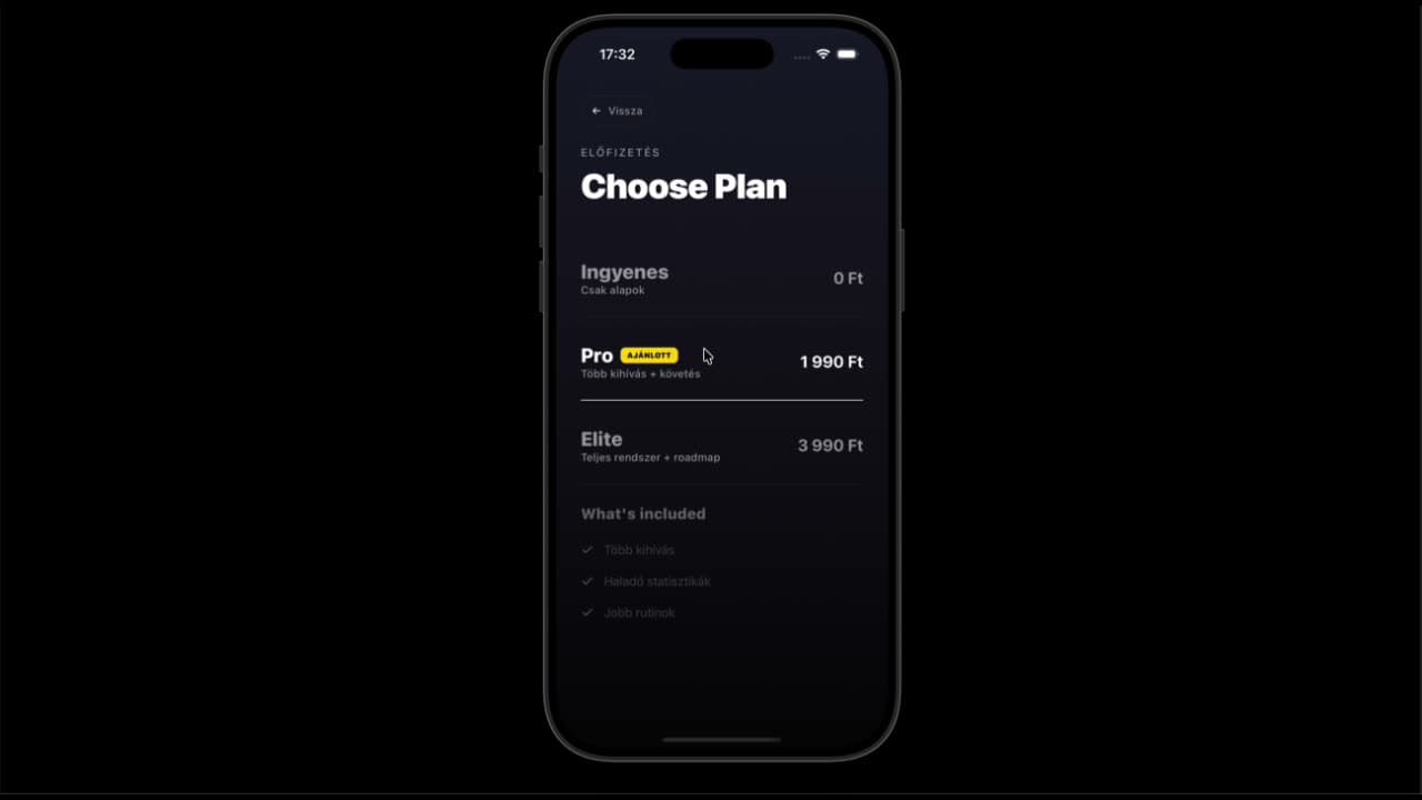 Choose Plan screen with Free 0 Ft, Pro 1 990 Ft (Recommended), Elite 3 990 Ft tiers