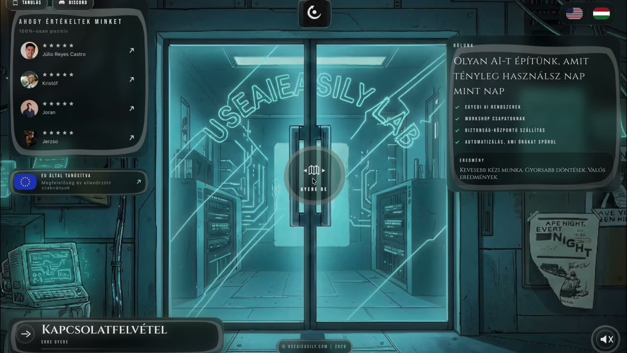 Cyberpunk lab door with USEAIEASILY LAB neon, testimonials, EU certification card and 'Gyere be' enter button