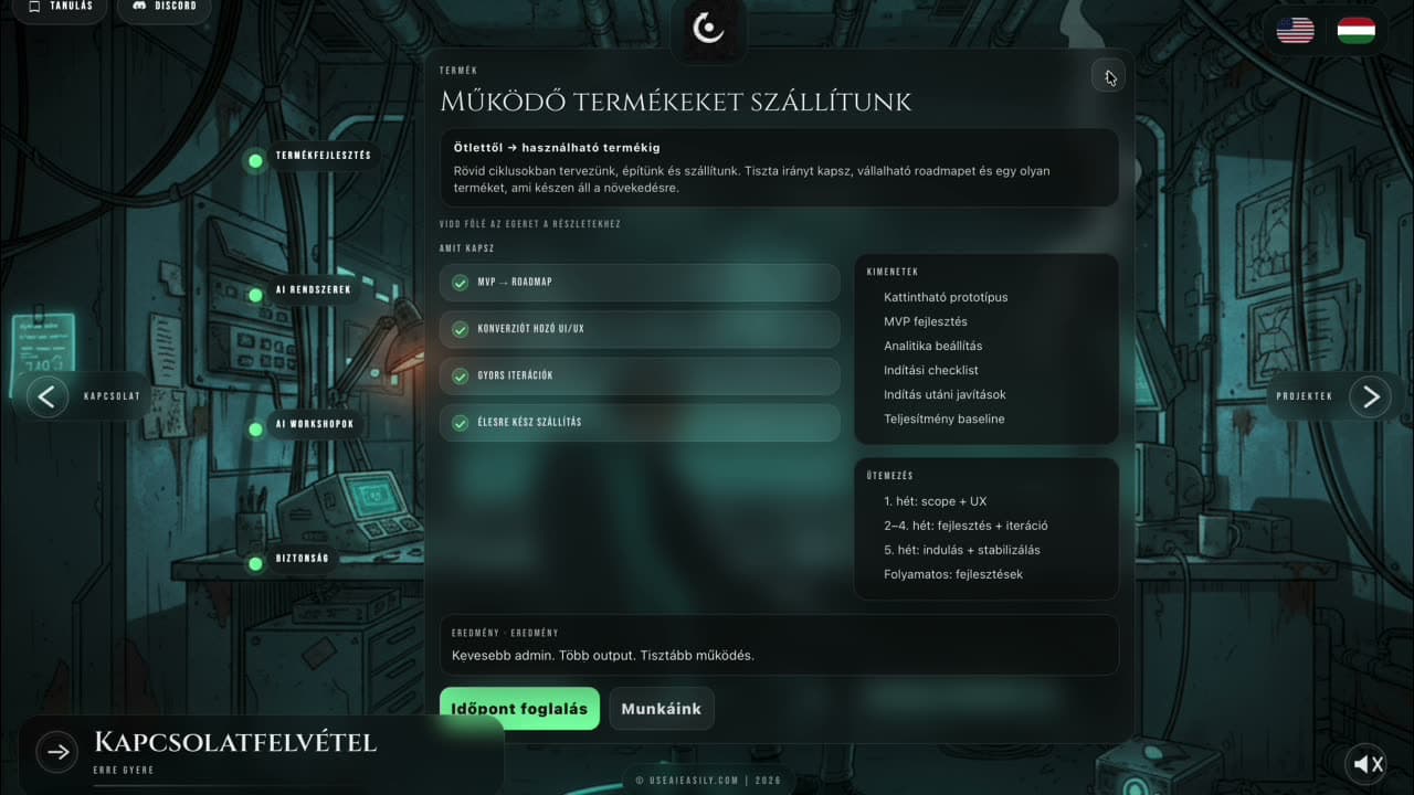 Lab interior with workflow nodes (Termékfejlesztés, AI rendszerek, AI workshopok, Biztonság) and a 'Working products' modal