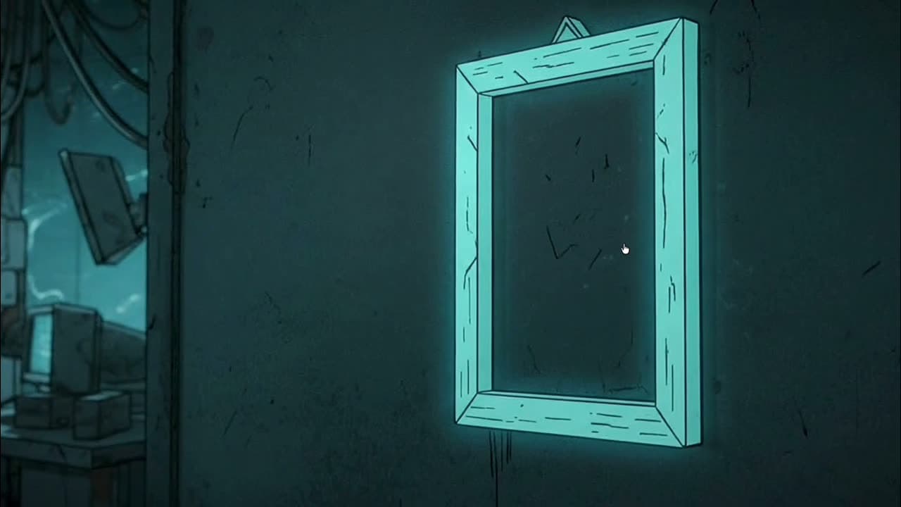 Atmospheric scene · empty teal-glowing wooden frame on a dark wall, broken mirrors in the background