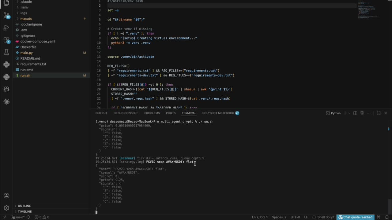 Terminal showing a continuous scan tick (#3) with AVAX/USDT signals JSON · queue depth 9