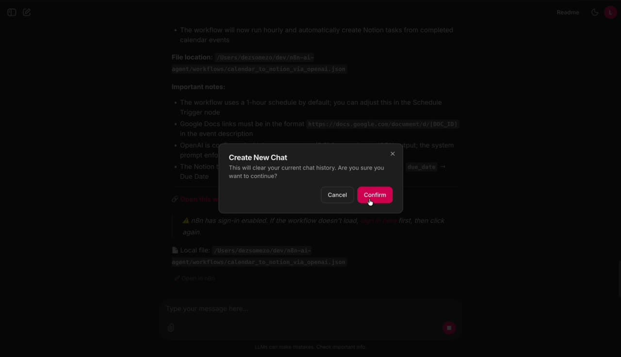 Confirmation modal 'Create New Chat' with workflow file location and import notes