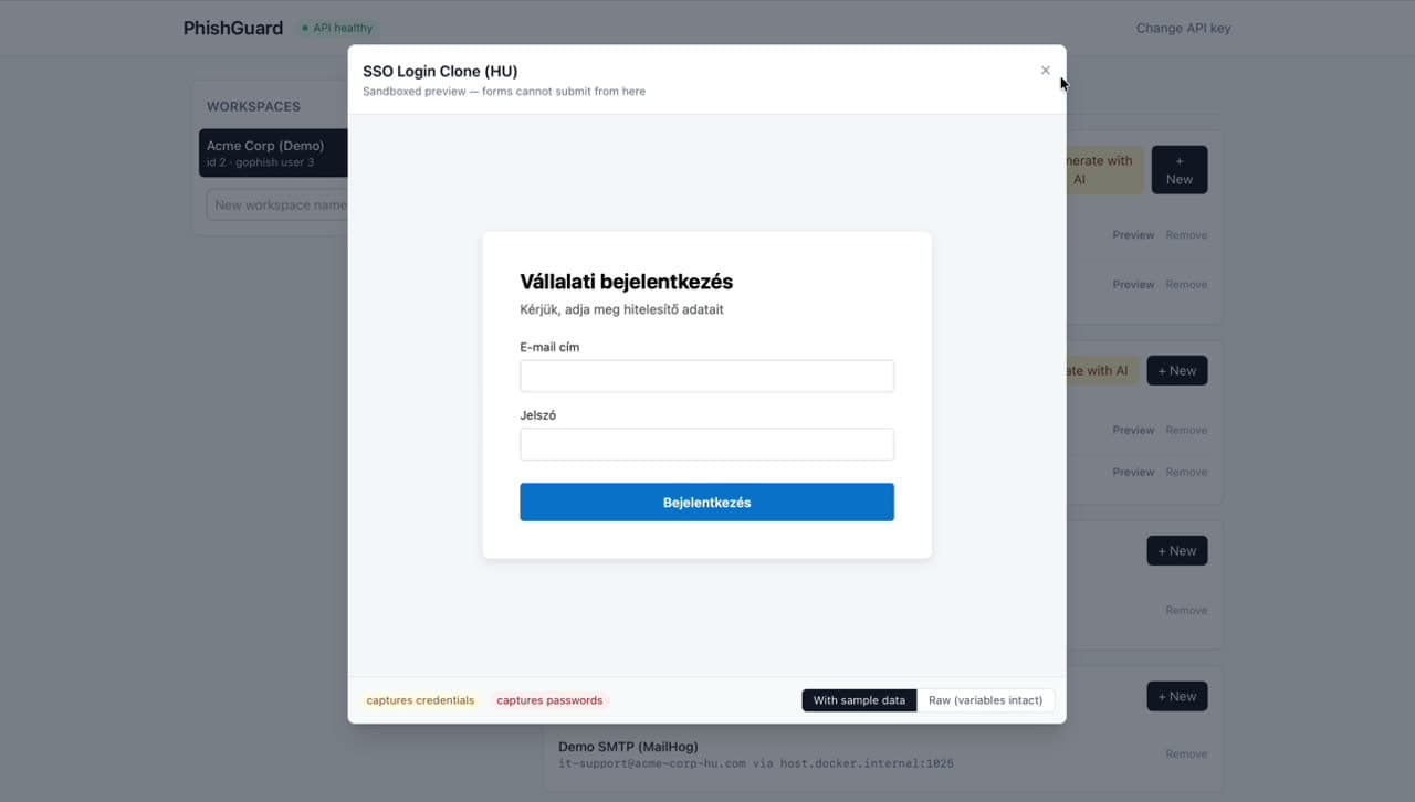 SSO Login Clone (HU) sandboxed preview · 'forms cannot submit from here'