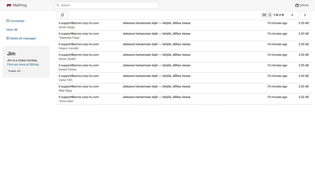 MailHog inbox with 8 phishing emails delivered to fake users