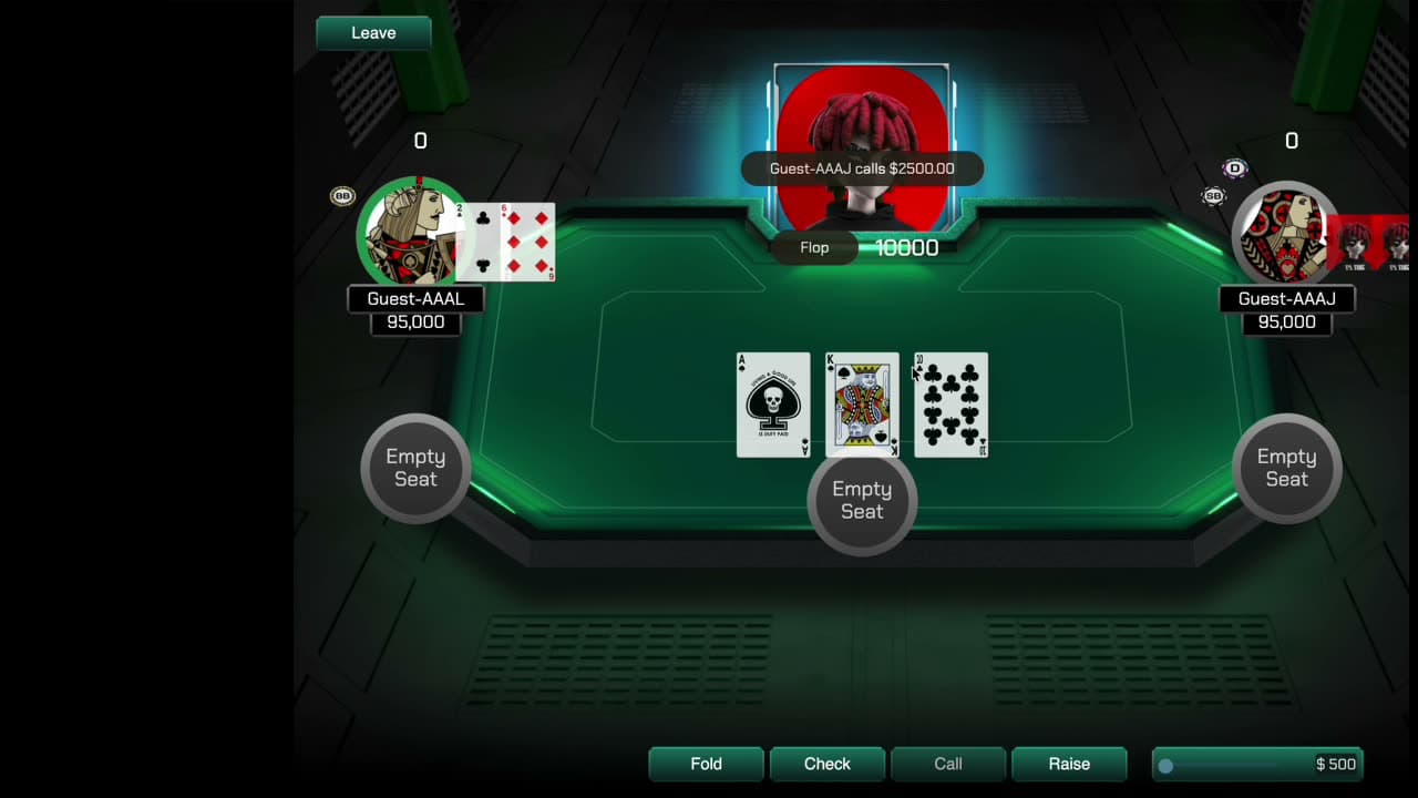 Flop dealt · Ace of spades, K of hearts, 10 of clubs · pot 10000 · 'Guest-AAAJ calls $2500' · Fold/Check/Call/Raise/$500 buttons
