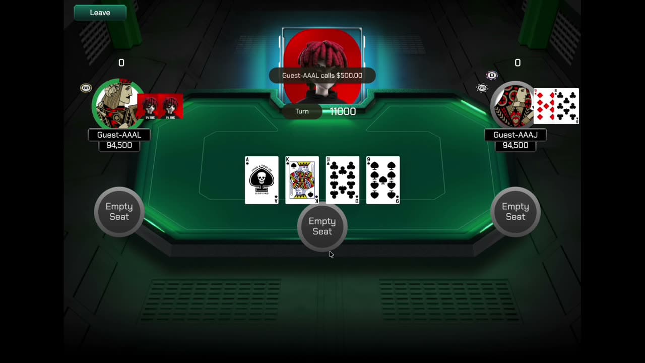 Turn dealt · 4th community card (9 of clubs), pot 11000, 'Guest-AAAL calls $500'