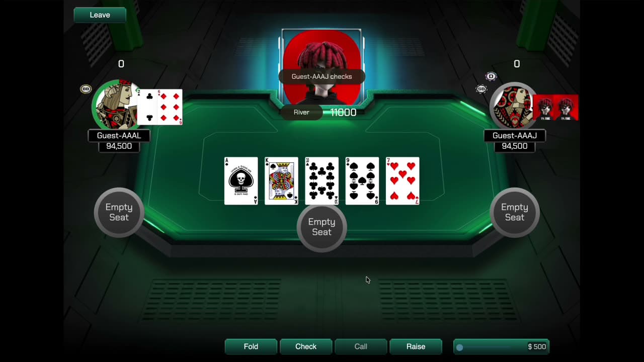 River dealt · all 5 community cards (A♠ K♥ 10♣ 9♣ 7♥), 'Guest-AAAJ checks'