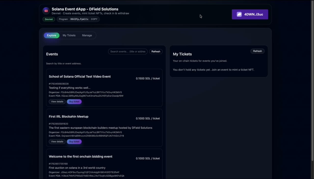 Solana Event dApp Devnet · Explore tab with 3 events (School of Solana, First IRL Blockchain Meetup, Onchain Bidding Event) and 'no tickets yet' panel