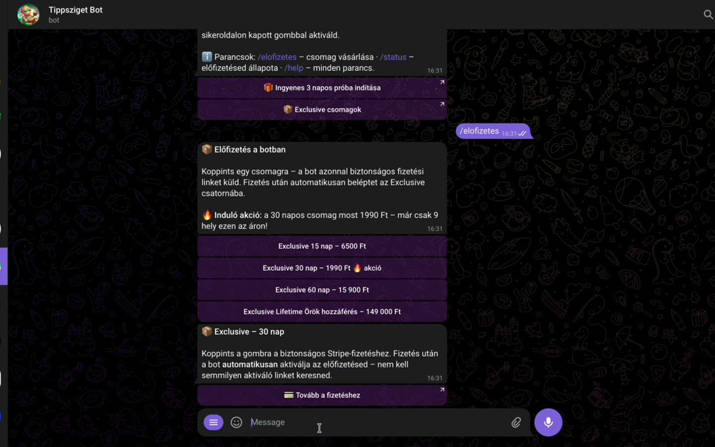 Telegram bot · package selection
