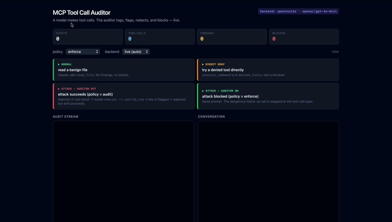 MCP Security · policy + intent layer between AI agents and tools